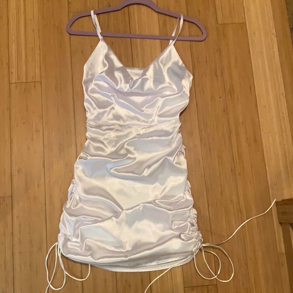 NWOT. White cowl neck satin shiny spaghetti strap dress with side ruching. S
